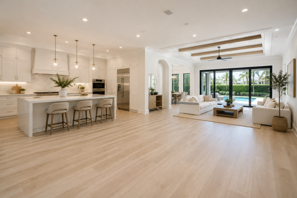 Luxury wide-plank hardwood flooring installation in a modern Boca Raton home featuring an open-concept kitchen and living room with premium finishes, custom millwork, and natural light. Professional flooring installation by United Eagle Construction serving Boca Raton and Palm Beach County.