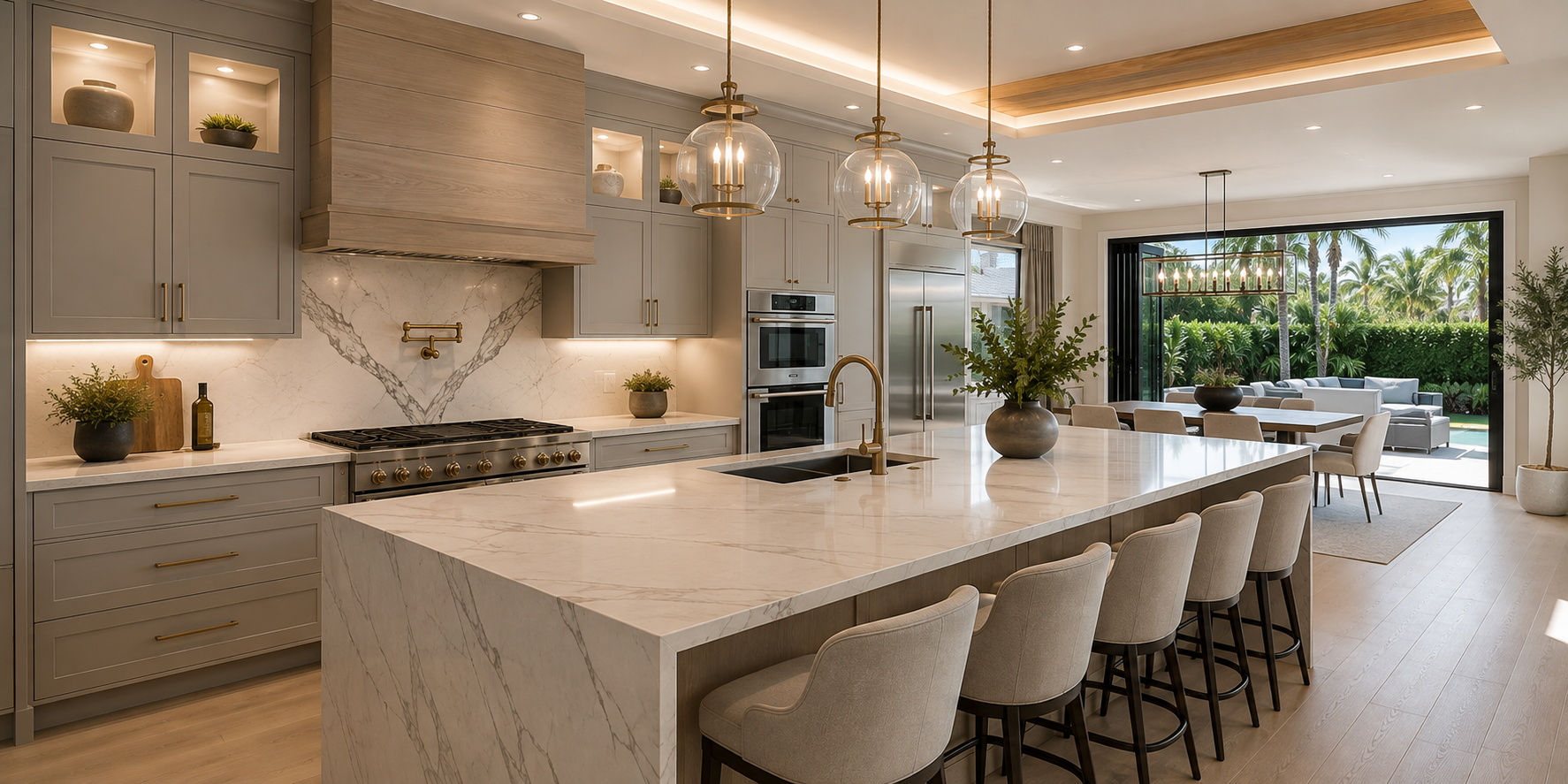 Luxury kitchen remodel in Boca Raton featuring a large quartz waterfall island, custom greige cabinetry, designer lighting, premium appliances, and an open-concept layout connecting to an outdoor living space. Perfect for high-end home remodeling in Palm Beach County.