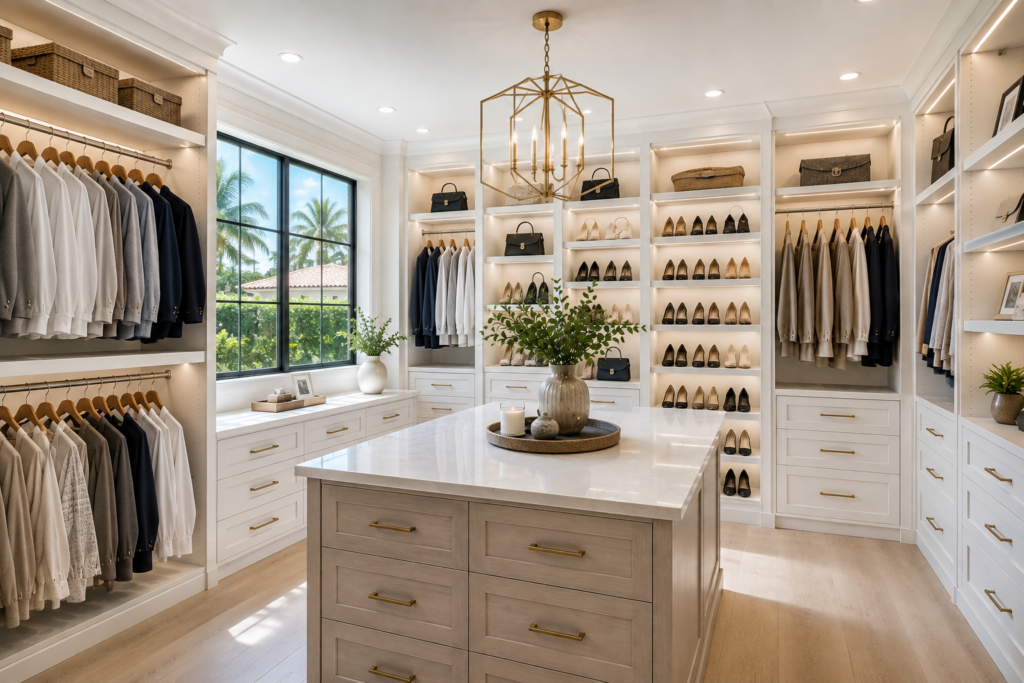 Bright luxury custom walk-in closet with white built-in cabinetry, marble center island, brass hardware, LED accent lighting, light wood flooring, and a large window overlooking tropical palm trees in a South Florida home. Custom closet design and installation by United Eagle Construction serving Boca Raton and Palm Beach County.