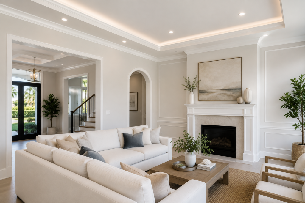 Freshly painted luxury living room with smooth white walls, custom trim, coffered ceilings, recessed lighting, and modern coastal finishes in a Boca Raton home. Professional interior painting services by United Eagle Construction serving Boca Raton and Palm Beach County.